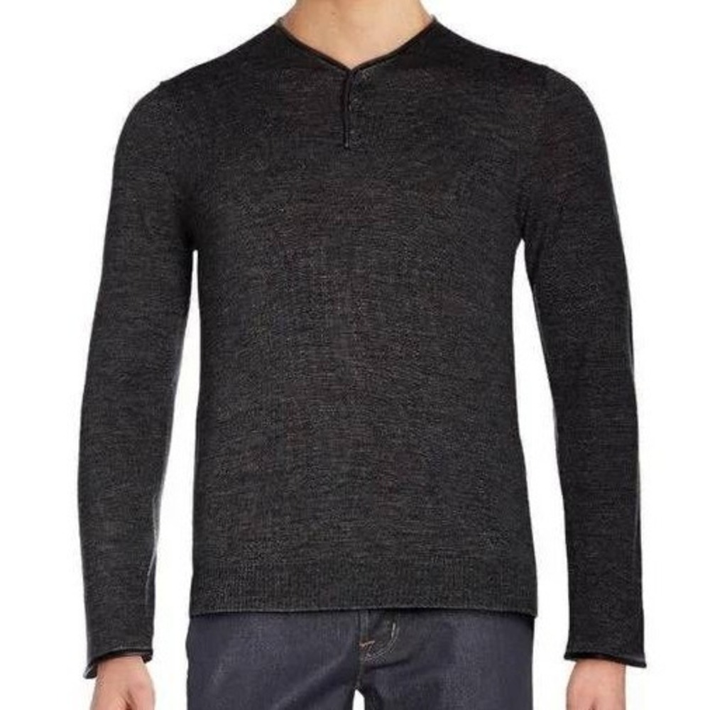 The Kooples Charcoal Grey Merino Wool Leather Trim Henley Sweater‎ Size Medium